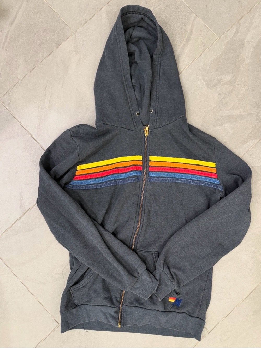 Aviator Nation 5 Stripe Heathered Navy Gray Rainbow Full Zip Hoodie - Picture 2 of 5